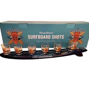 Rare Tommy Bahama  Big Kahuna Surfboard Bar Display , Set of 6 Shot Glasses Tiki